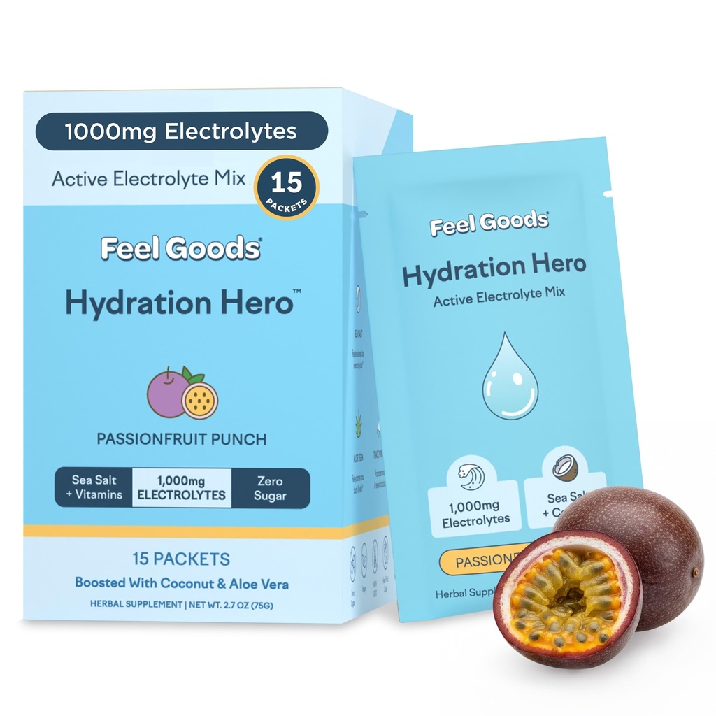 Feel Goods Hydration Hero, 1000mg Electrolytes pulver, sukkerfri, magnesium, organisk aloe Vera, L Theanine, vitamin C & B12, keto, vegansk, elektrolyte pakker, lidenskap frukt punch, 15 greve