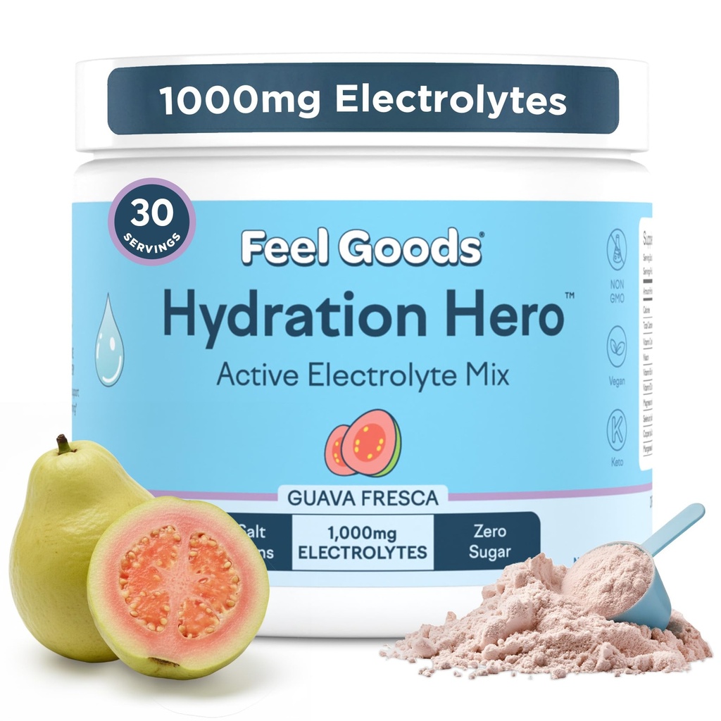 Feel Goods Hydration Hero, 1000mg Electrolytes pulver, sukkerfri, magnesium, organisk aloe Vera, organisk aloe, L Theanine, Vitamin C & B12, Ikke GMO, Keto, Vegansk | Guava Fresca, 30 Services