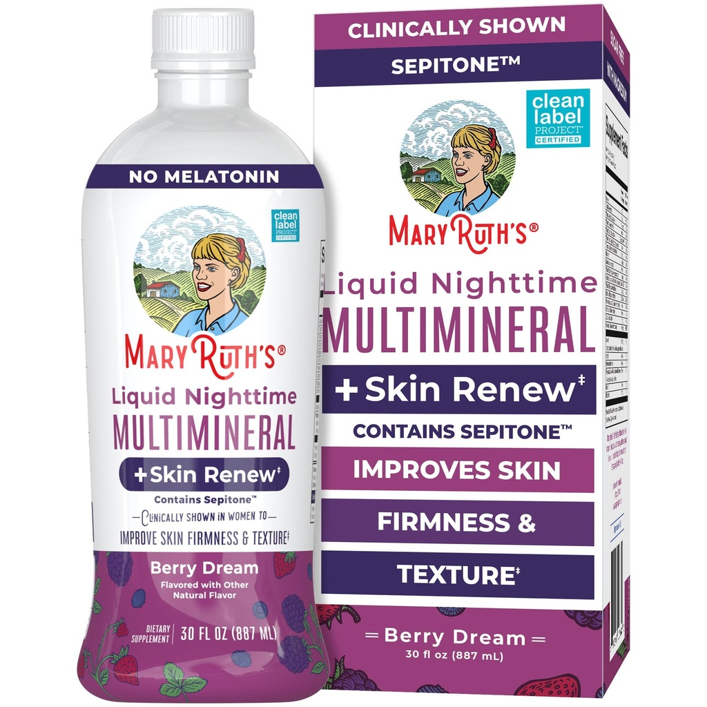 MaryRuths flytende nattetid flytende multimineral + hud Renew | klinisk vist hos kvinner for å redusere fint krukke & forbedre huden fasthet | sepiton | NO Melatonin | Magnesium | Vegansk | 30 Services