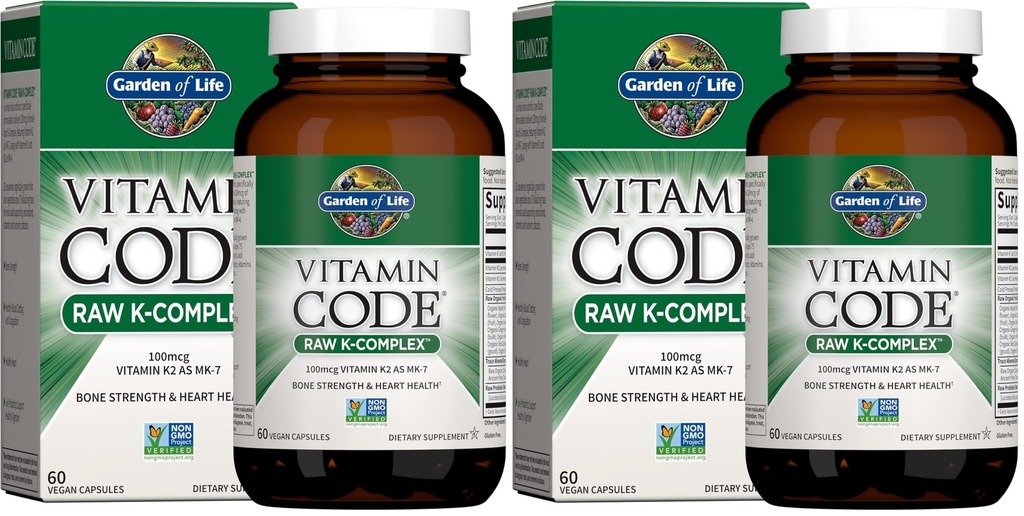 Hage av livsvitamin K2 og K1, Vitamin Kode Vegan K Kompleks for bein styrke og hjerte helse, Omega rike Flax frøolje, spor Mineraler, Probiotika, 60 dagers forsyning, (pakke av 2)