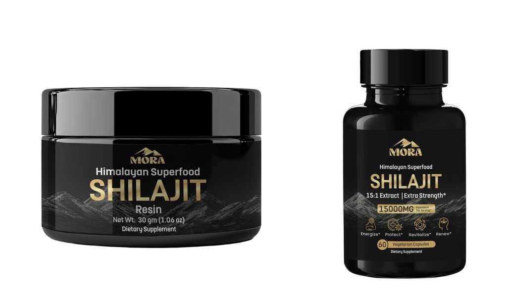Velvære Mora Himalayan Shilajit Resin (30g) + Vegansk Shilajit Kapsler (60 greve) | 75%+ Fulvic Acid & 85+ Spor Mineraler | Mineral-Rich Supplement Bundle for menn og kvinner