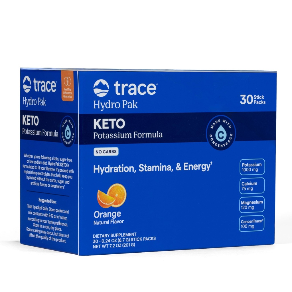 Trace Minerals Hydro Pak Keto - Electrolyte Replenishment Drink Mix - 1000 mg Kalium Plus 70 støtter energi, Stamina, & Hydration - Orange Flavor - 30 Serveringer