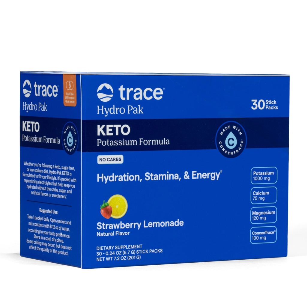 Trace Minerals Hydro Pak Keto - Electrolyte Replenishment Drink Mix - 1000 mg Kalium Plus 70 støtter energi, Stamina, & Hydration - Jordbær Lemonade Flavor - 30 serveringer