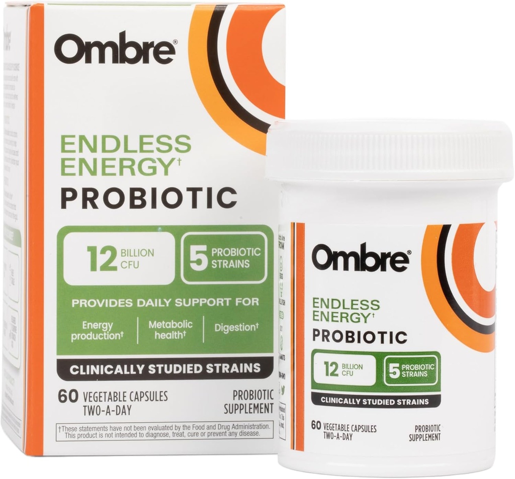 Ombre Endless Energy Probiotic Supplement, støtter naturlig energiproduksjon, minne, fokus og Gut helse, 12 milliarder CFU, holdbarhetstable, 30 serveringer