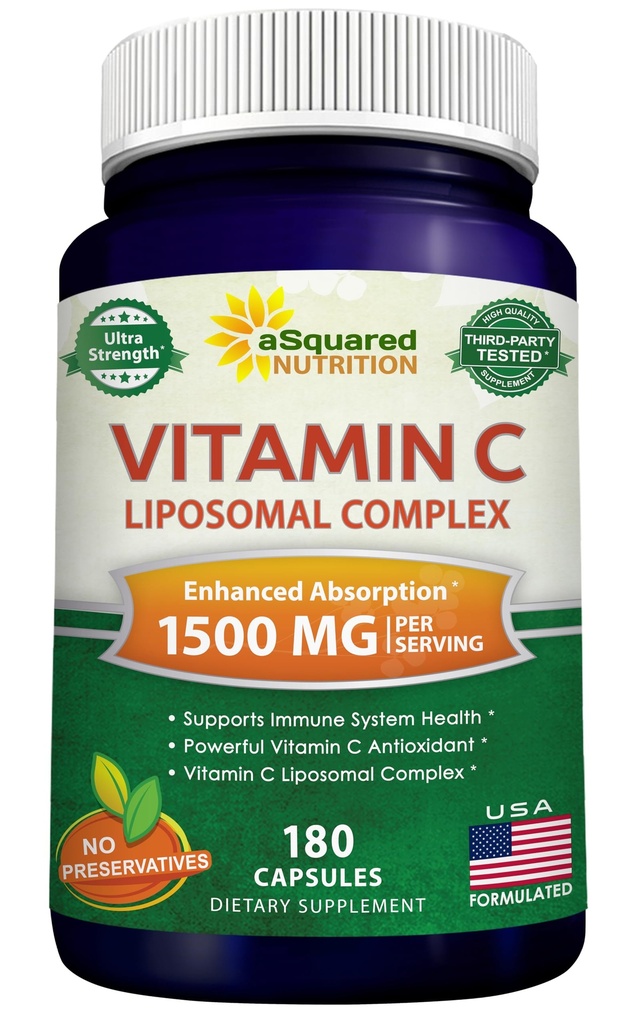aSquared ernæringsvitamin C Liposomal Complex - 1500mg Supplement - 180 kapsler - høy absorpsjon VIT C askorbinsyre piller - støtter immunsystem og kollagen helse - 90 Serveringer