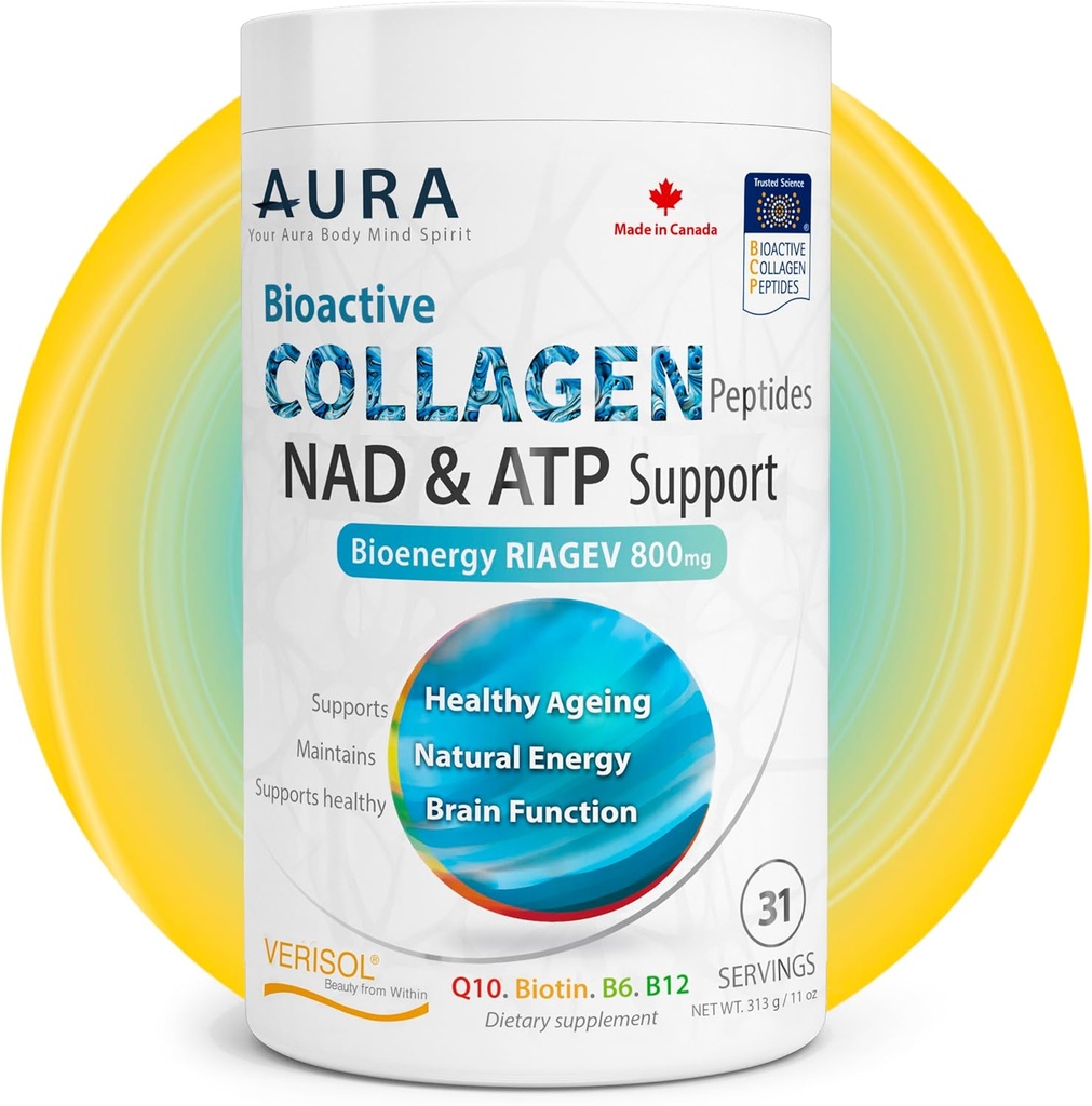 AURA VERISOL® Bioaktive kollagenpeptider® pulver med patentert NAD + & ATP Boosters, avansert Cellular Rejuvenation System, sunn aldring og DNA-reparasjon, uovertruffen, laget i Canada, 31 serveringer.