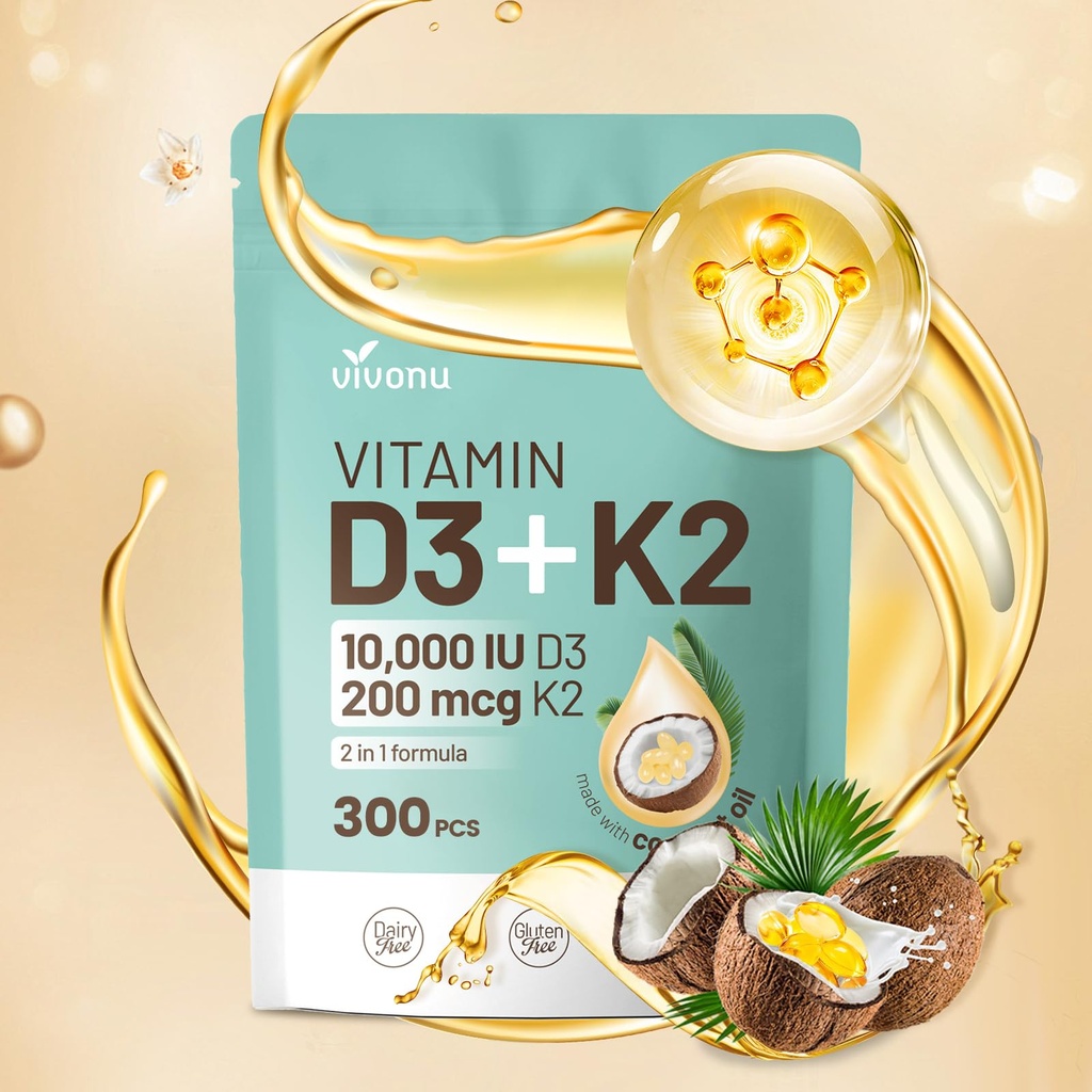 VivoNu vitamin D3 K20000 IU med MK7-300 Jomfru kokosolje softgels, 2 i 1 Vitaminer D & K kompleks | Vitamina D3 con K2 ((1Bag)