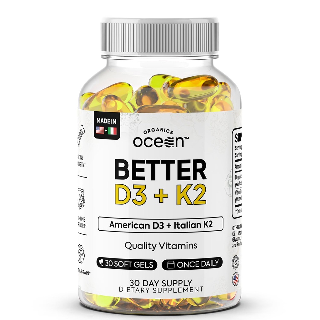 Organics Ocean Bedre D3 + K2-100% organisk VIT D3 og K2 Kosttilskudd med maksimal biotilgjengelighet - støtter beintetthet, kalsiumbalanse, immunitet og humør - 1-pakke, 30-dagers forsyning