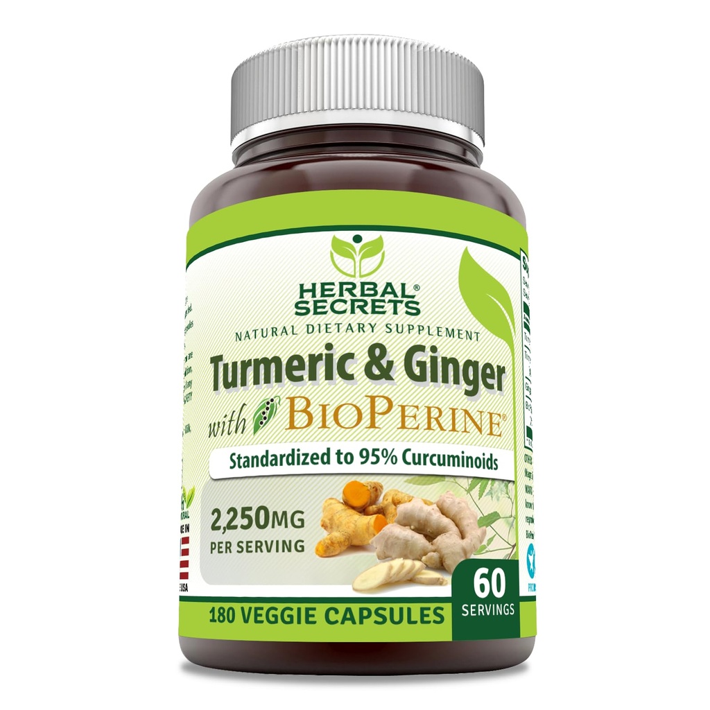 Herbal hemmeligheter Turmeric Curcumin & Ginger med BioPerine Supplement | 2,250 Mg Per Serving | 180 Kapsler | Ikke-GMO | Glutenfri | Laget i USA