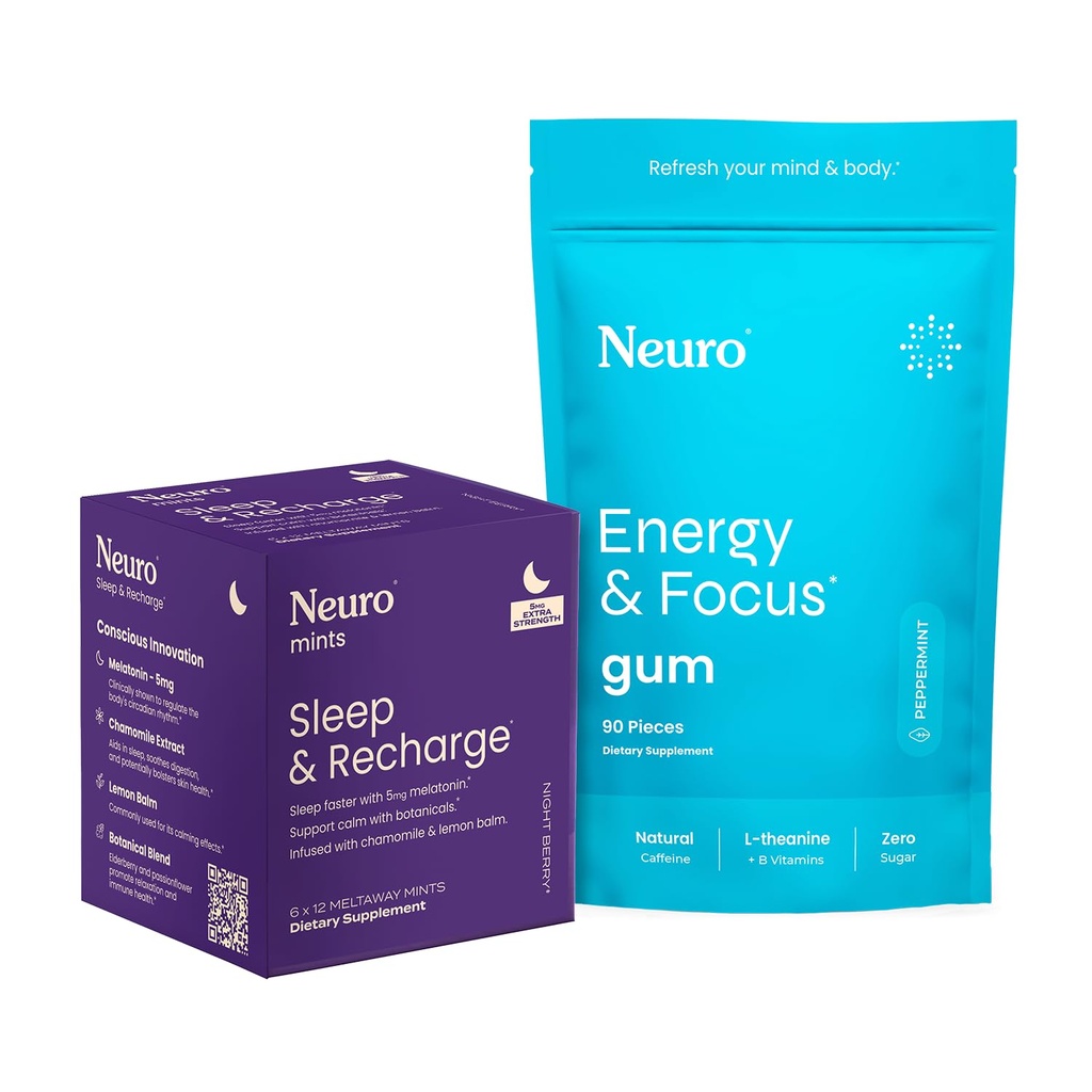 Neuro Energi og søvn Bundle – Energi og fokus Gum (Peppermint, 90 Teller) + Melatonin 5mg søvn og lade mynter (Night Berry, 72 Pieces) – Daglig fokus og natttid hvilestøtte