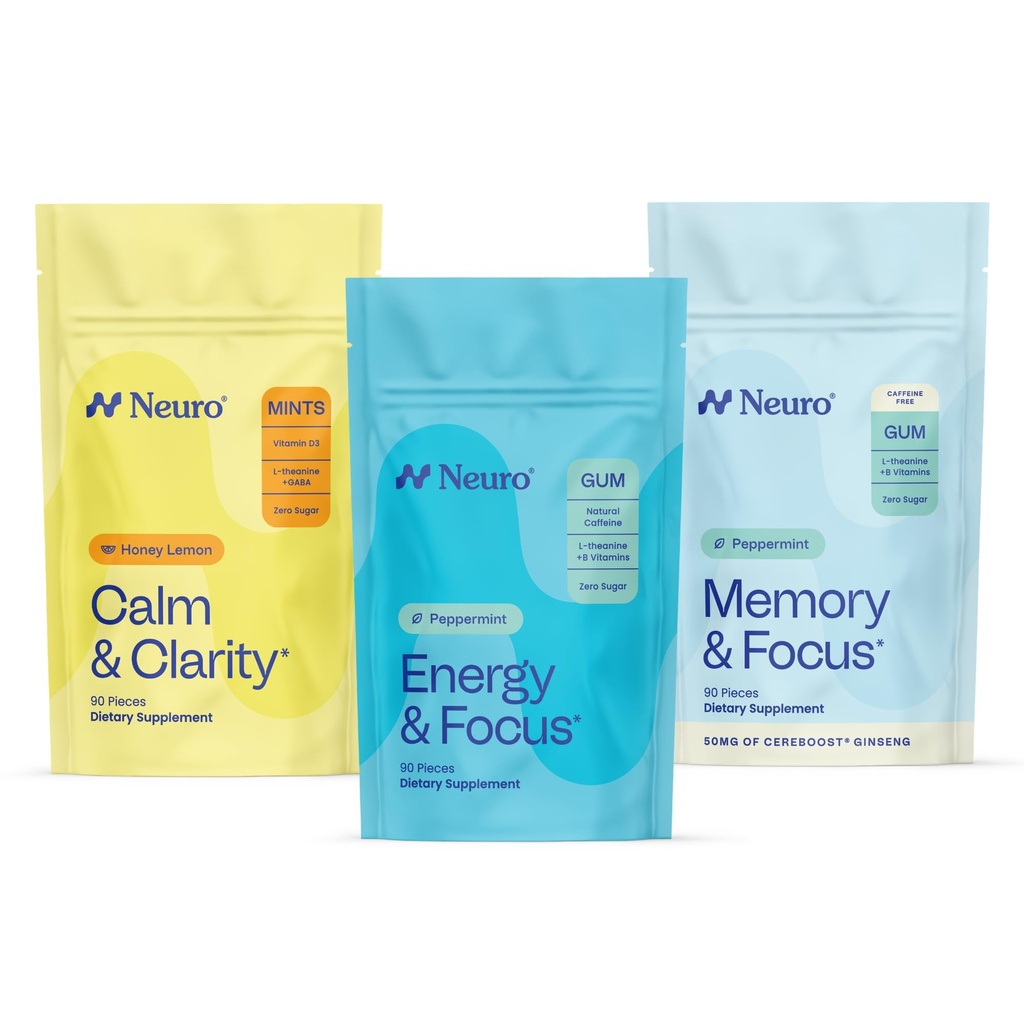 Neuro Cognitive Balance Bundle - Memory & Focus Nootropic Gum (Peppermint, 90 greve), søvn og opplading Melatonin mynter (Berry, 72 greve), rolig og klarhetsstress støtte mynter (Hey Lemon, 90 greve)