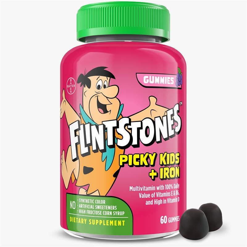 Flintstein vitaminer for picky barn + jern, Kids Multivitamin Gummier med vitamin C, D, E, B6 og jern, Gummy vitaminer, Grape Flavored, 60 Gummies