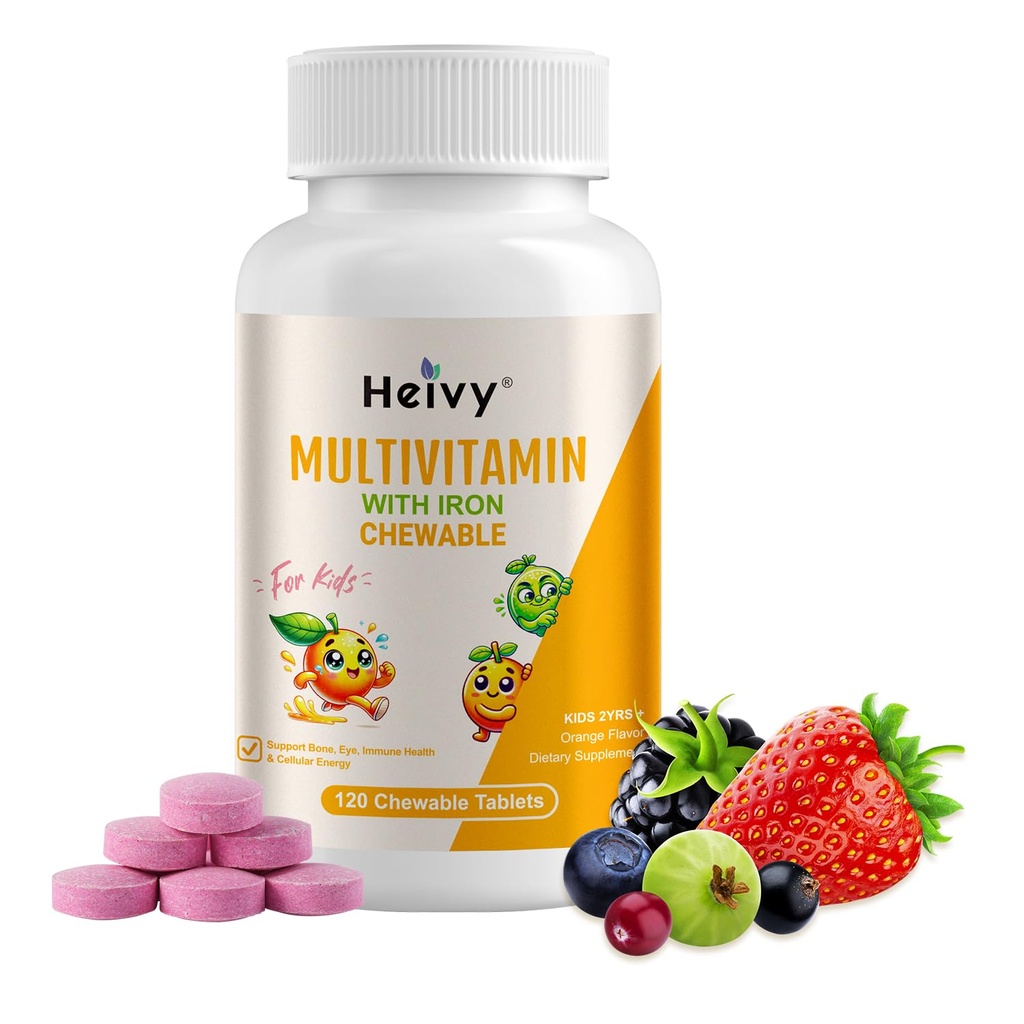 Heivy New Children Multivitamin Chewable - 120 tabletter for bein, øye og vitamin helse - støtter vekst og utvikling med vitamin D3, C & B-kompleks