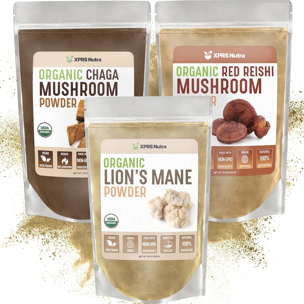 XPRS Nutra Mushroom Bundle - Lion's Mane, Chaga, Red Reishi Mushrooms - Alle organiske mushroom Bundle (16 Ounces Hver)