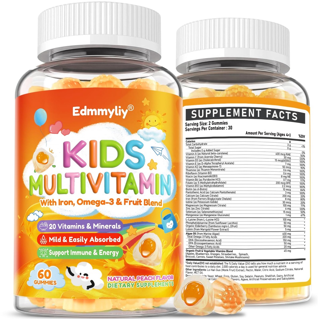 Kids Multivitamin Gummies - Vitaminer A D3 K2, Metylert B-kompleks med Omega-3, Iron for immun- og utviklingsstøtte - Organisk blandet-Berry Flavor Multivitaminer for barn daglig - Sukkerfri og vegansk