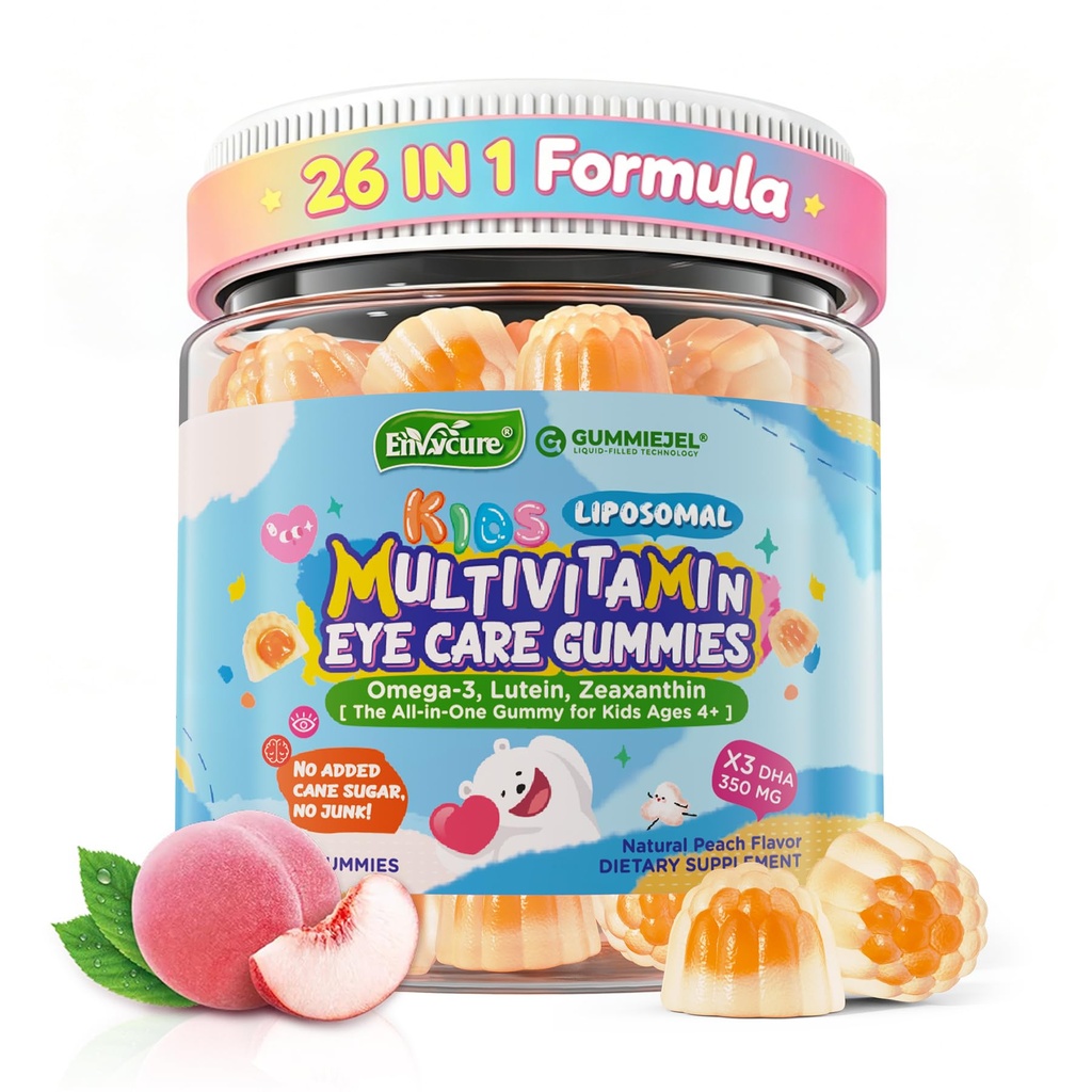 Kids Multivitamin Gummier med jern, 450mg Algae Omega-3, Metylert B12, Folat, Fiber 2g, Probiotika, Magnesium, A, C, D, K, Sink, Barn Vitaminer for vekst, Hjerne, Øye, Gut, Immune, Sukkerfri