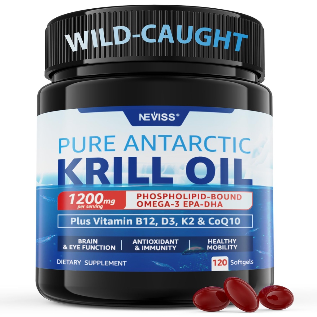 Antarctic Krill Oil 1200 mg Omega 3 Supplement, Omega 3 Krill Oil Softgels m/EPA, DHA, Astaxanthin & Fosfolipider for hjerne og antioksidant, Sustainly Sourced, No Fishy Aftertaste, 120 Softgels