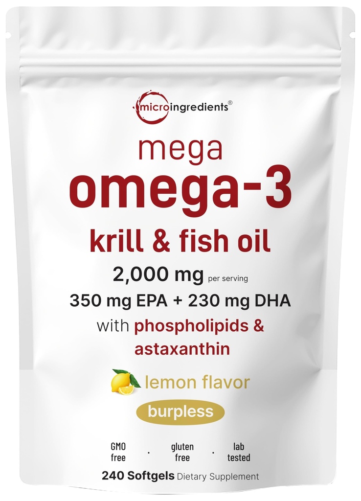 Mega Omega-3 Krill & Fish Oil 2.000mg Ekvivalente, 240 Softgels | Lemon Flavored | Burpless | Essential Fatty Acids & Astaxanthin | EPA 350mg + DHA 230mg | hjerte og hjerne Supplement
