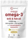 Mega Omega-3 Krill & Fish Oil 2.000mg Ekvivalente, 240 Softgels | Lemon Flavored | Burpless | Essential Fatty Acids & Astaxanthin | EPA 350mg + DHA 230mg | hjerte og hjerne Supplement