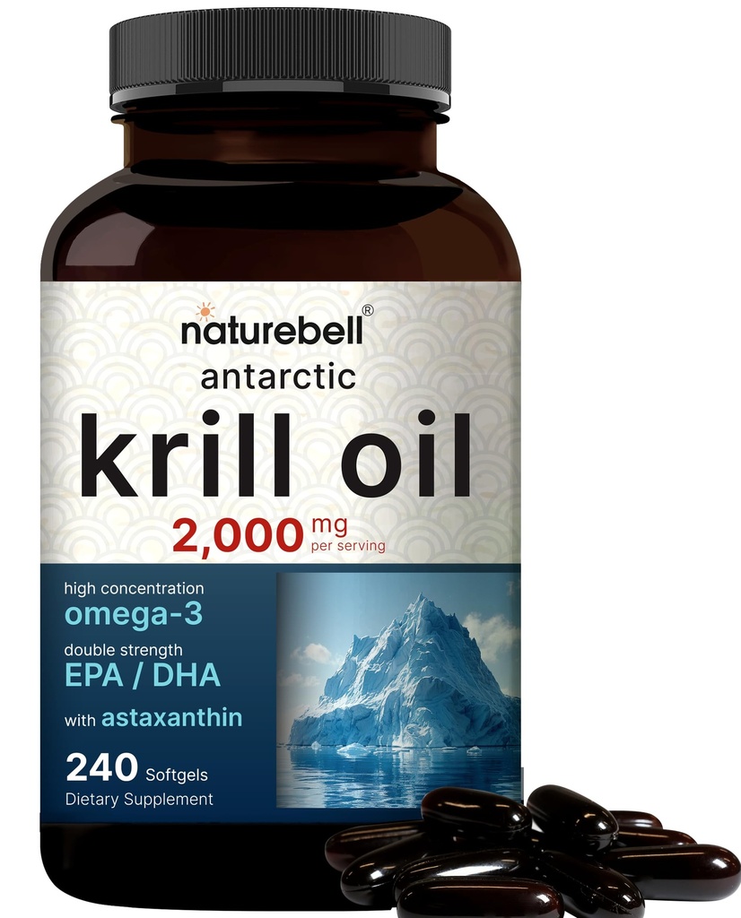 NatureBell Antarctic Krill Oil 2000mg Supplement, 240 Softgels, 3X styrke naturlig kilde til Omega-3s, EPA 240mg + DHA 160mg + Astaxanthin 800mcg – Ingen fiskbar ettersmak – Merkurfri og ikke-GMO