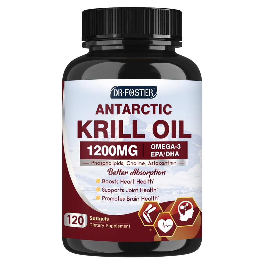 Krill Olje 1200mg, Antarktis krill olje Omega 3 Supplement med EPA, DHA,Astaxanthin & Fosfolipider for hjerte og hjerne og felles helse, ingen fiskelig ettersmak, 120 Softgels (60 serveringer)