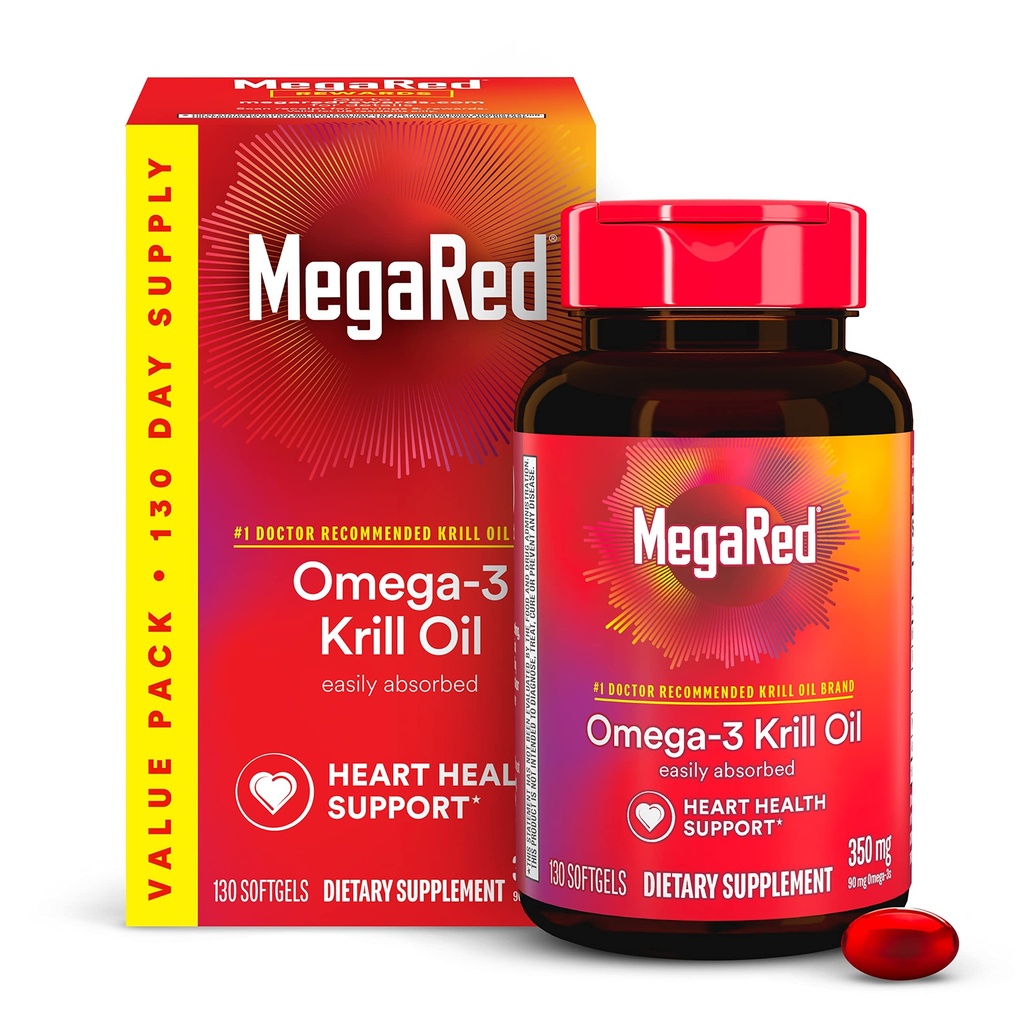 MegaRed - Omega-3 Krill Oil 350mg Softgels (130 greve i en flaske), EPA & DHA Omega-3 fettsyrer med ingen fiskig ettersmak i motsetning til fiskeolje, inneholder antioksidant Astaxanthin