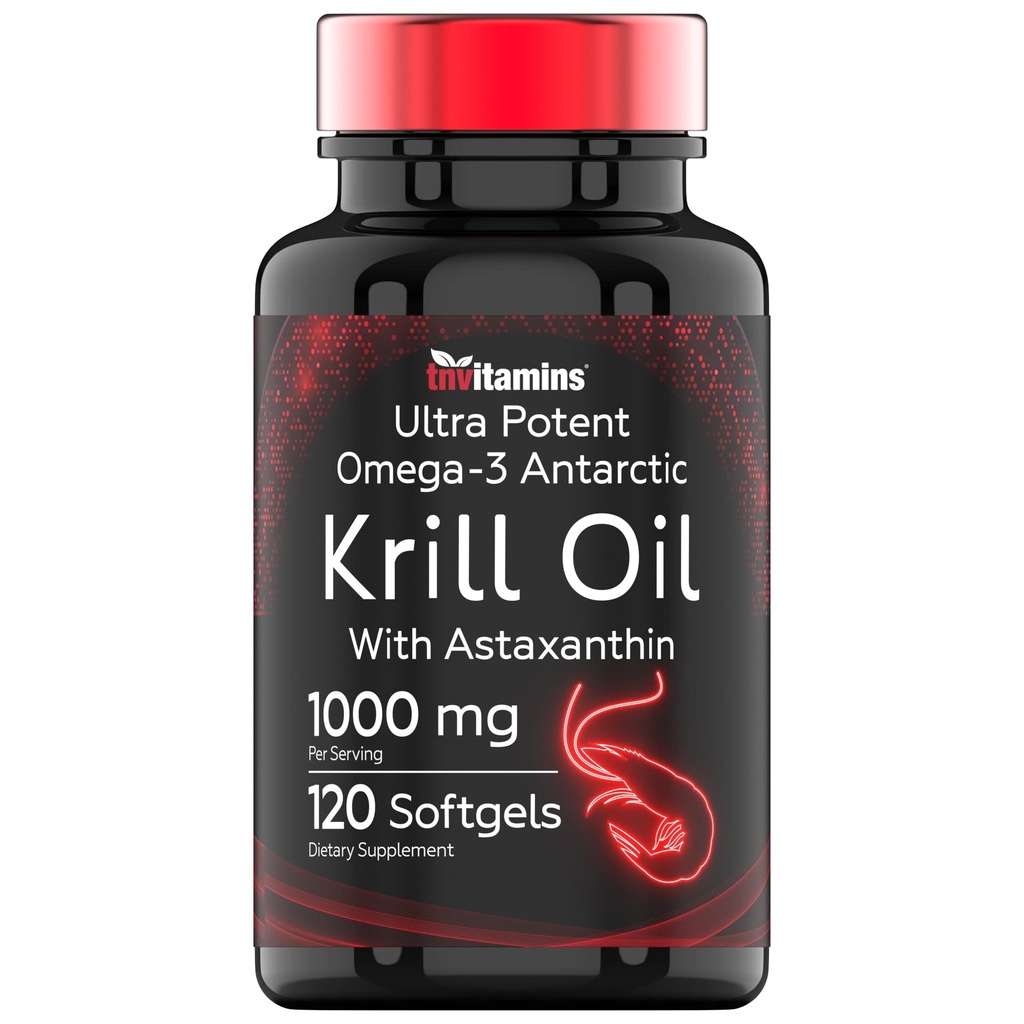 Antarctic Krill Oil 1000mg - 120 Softgels med Astaxanthin | 1000mg Rød krillolje, 200 mg Fosfolipider, 120 mg EPA, 80 mg DHA, 200 mg Astaxanthin | Potent & ren Omega-3 Cold Water Antarctic Krill