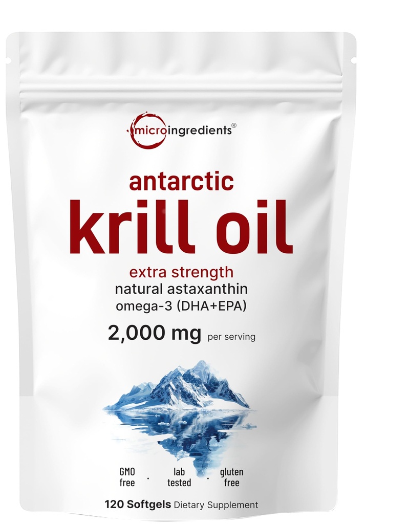 Mikroingredienser Antarktis krillolje Supplement, 2.000mg Per Serving, 120 Softgels, Trippel styrke, rik på Omega-3s EPA, DHA & Natural Astaxanthin, støtter immunsystem og hjerne helse