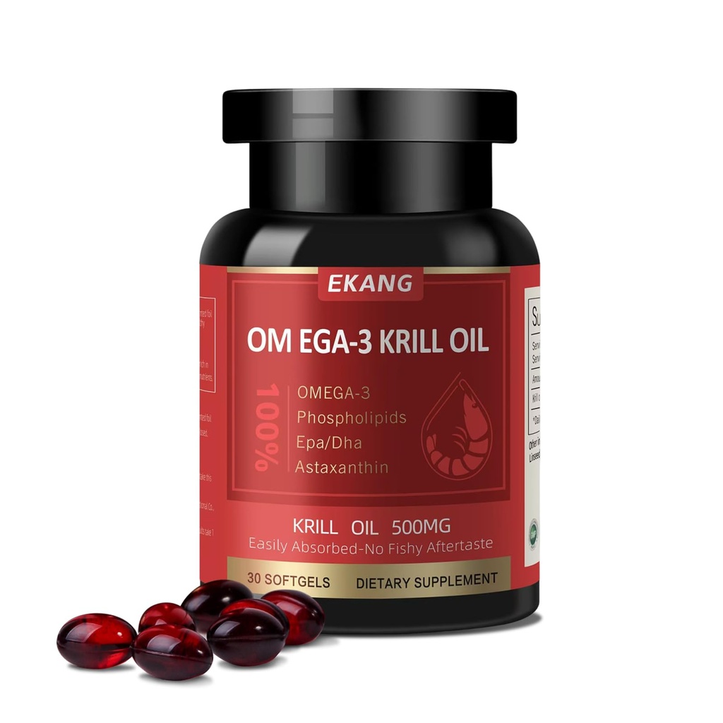 Antarctic Krill Oil 500 mg, Fosfolipid-Bound Omega-3, EPA, DHA og Astaxanthin - lett absorbert - støtter hjerne, hjerte og felles helse - Ikke-GMO, Glutenfri, 30 Softgels