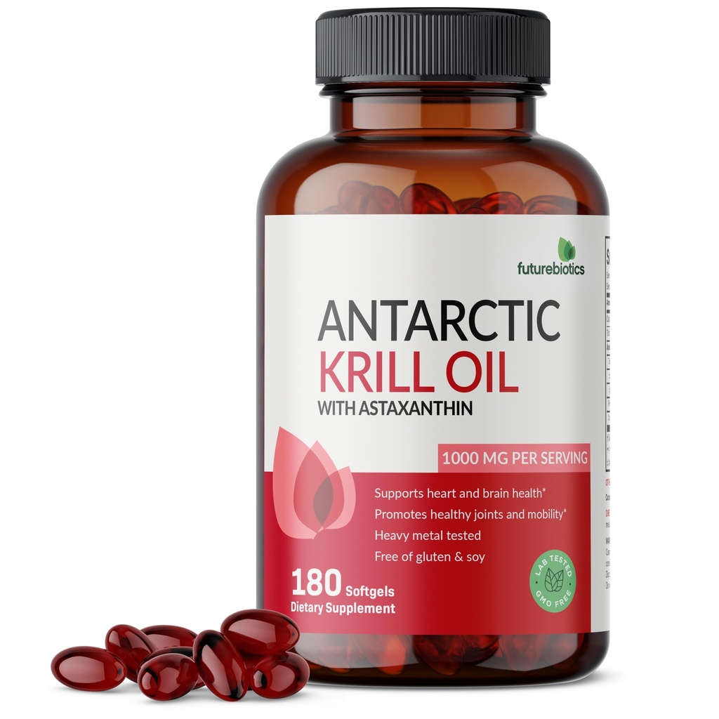 Futurebiotika Antarktiskrillolje 1000mg med omega-3s EPA, DHA, Astaxanthin og fosfolipider - 100% ren premium krillolje tungmetall testet, ikke GMO – 180 Softgels (90 Serveringer)