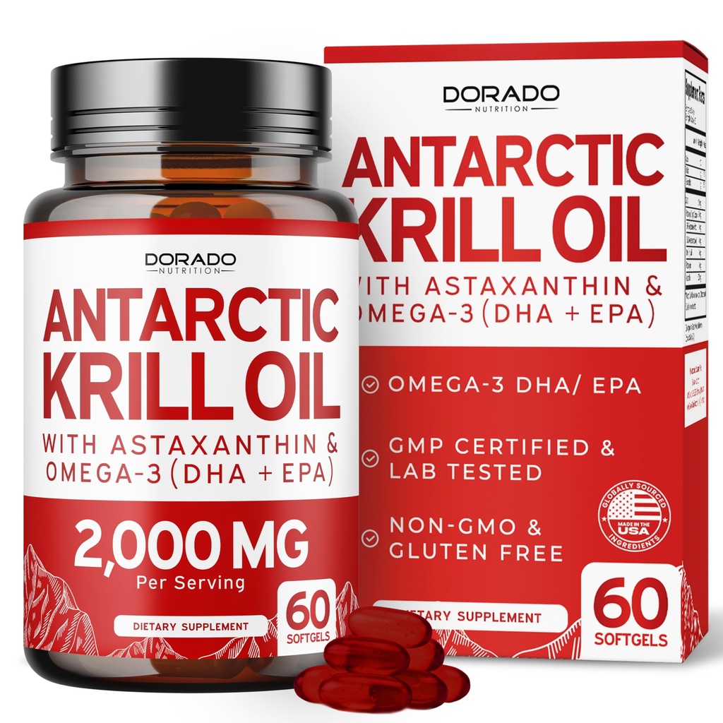 Antarctic Krill Olje Supplement (2000mg Per Serving, 60 Softgels) Krill Olje Omega 3 Kosttilskudd med EPA, DHA og Astaxanthin - Premium Fosfolipid for voksne - tredjeparts testet, ikke-GMO & USA laget