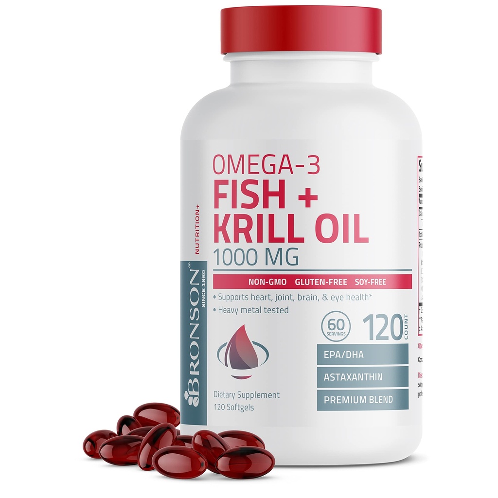 Bronson Omega-3 Fish + krill olje 1000 MG EPA DHA Astaxanthin Premium blanding - Felles, hjerne og øye helse - ikke GMO, Heavy Metal Tested, 120 Softgels