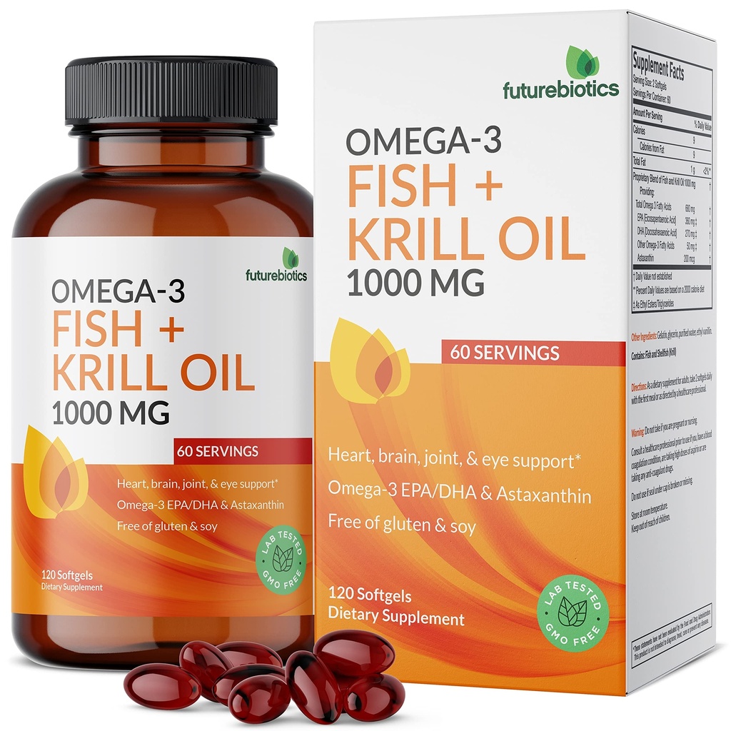 Futurebiotika Omega-3 Fish + krillolje 1000 MG Omega-3 EPA/DHA & Astaxanthin - Ikke-GMO, 120 Softgels (60 Serveringer)