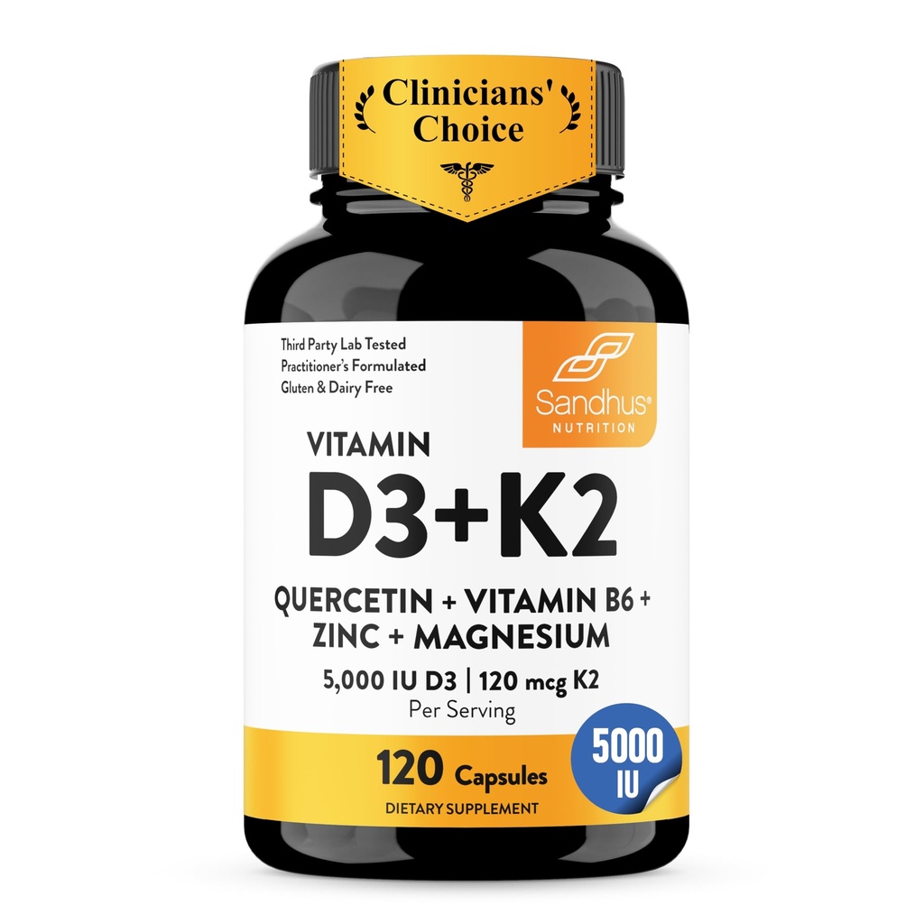 Sandhu vitamin D3 K2 Magnesium 5000 IU, 120mcg K2 Kapsler 120 greve (pakke av 1) | med VIT B6, sink & Quercetin | D3K2 støtter superior absorpsjon, energi, immun, muskel helse for menn og kvinner
