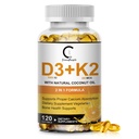 Vitamin D3 K2 Supplement med vitamin D3 5000 IU, 200 mcg vitamin K2 MK-7 & naturlig kokosolje, Plantebasert 2-1 Formula for bein, tenner, muskel og immun helse støtte,120 Softgel kapsler