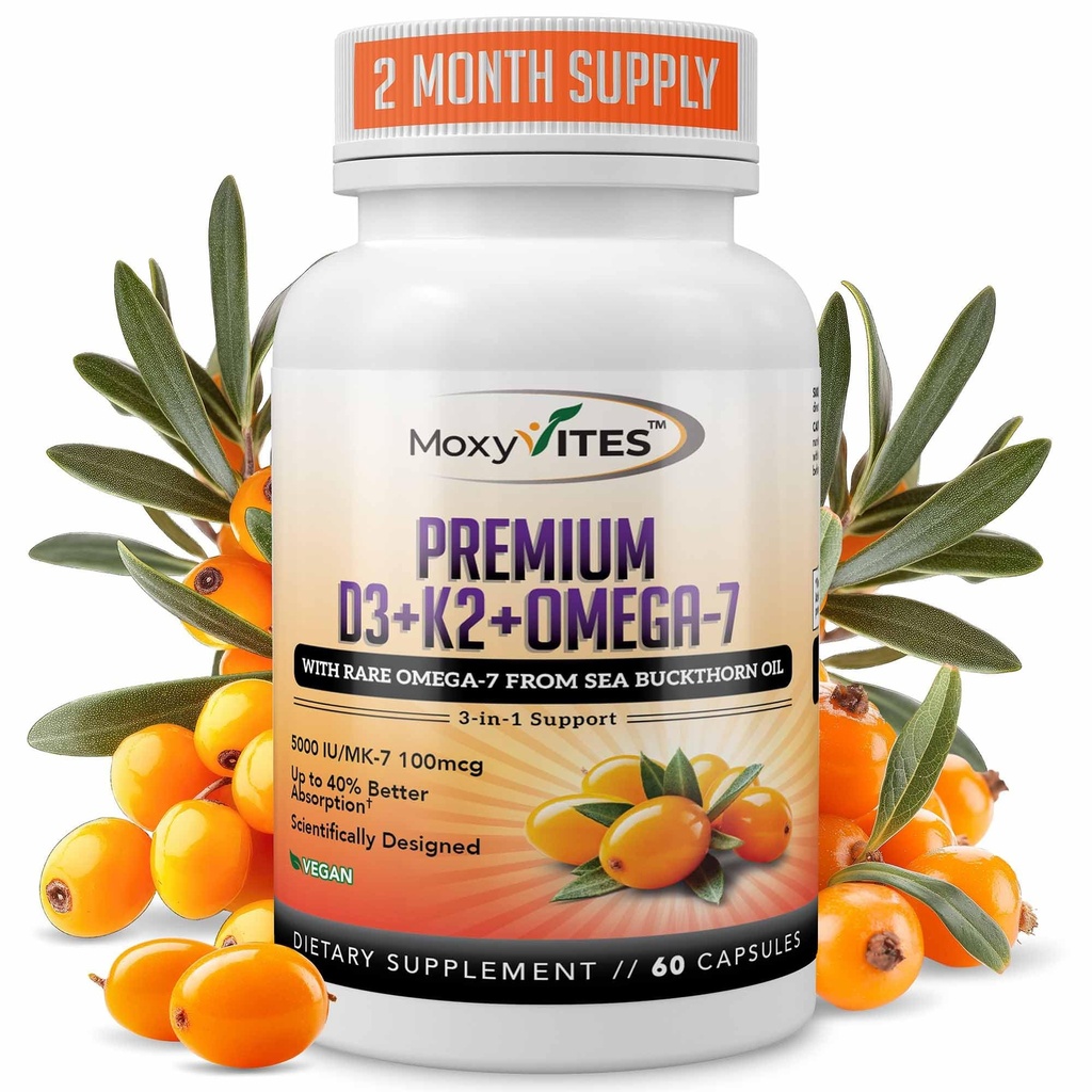 MoxyVites vitamin D3 K2 5000 IU – høy absorpsjon D3 + K2 MK-7 med Sea Buckthorn Oil & Omega-7 – Bein, hjerte og immunstøtte for kvinner og menn – 60 Vegankapsler