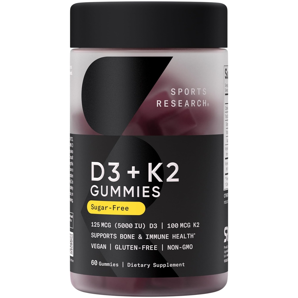 Idrettsforskning® Vegan Vitamin D3 + K2 Sukkerfri Gummies - 125mcg (5000iu) Vitamin D w/ 100mcg Mk7 Vitamin K - Støtter Bone & Immune Health* - Vegan Certified · Ikke-GMO · Soy Free - 60 Count