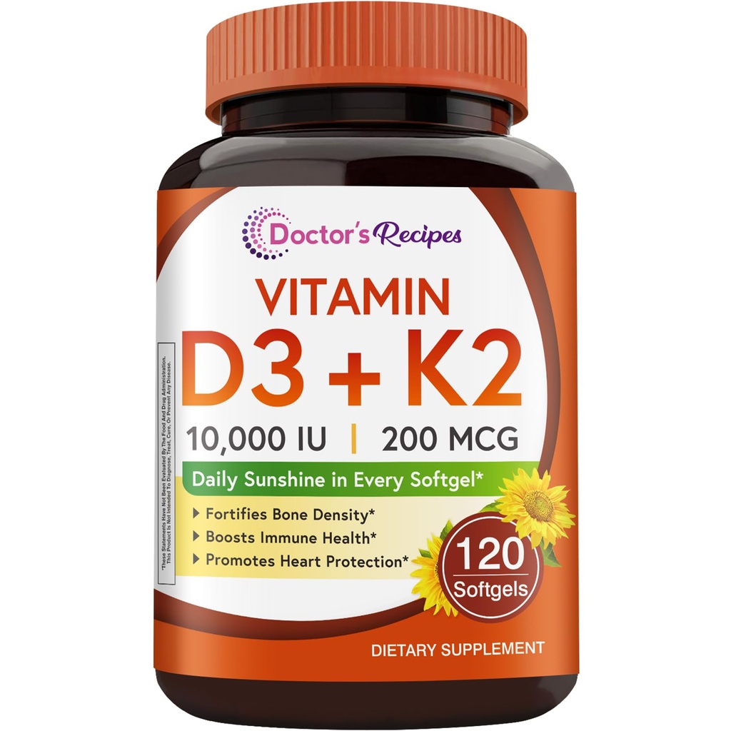 Legens oppskrifter vitamin D3 K2, 10.000 IU, 200 mcg, MK-7, Sterk beintetthet, tann, immun, hjerte støtte, energi, kalsiumabsorpsjon, ingen soya og gluten, ikke-GMO, 120 Softgels
