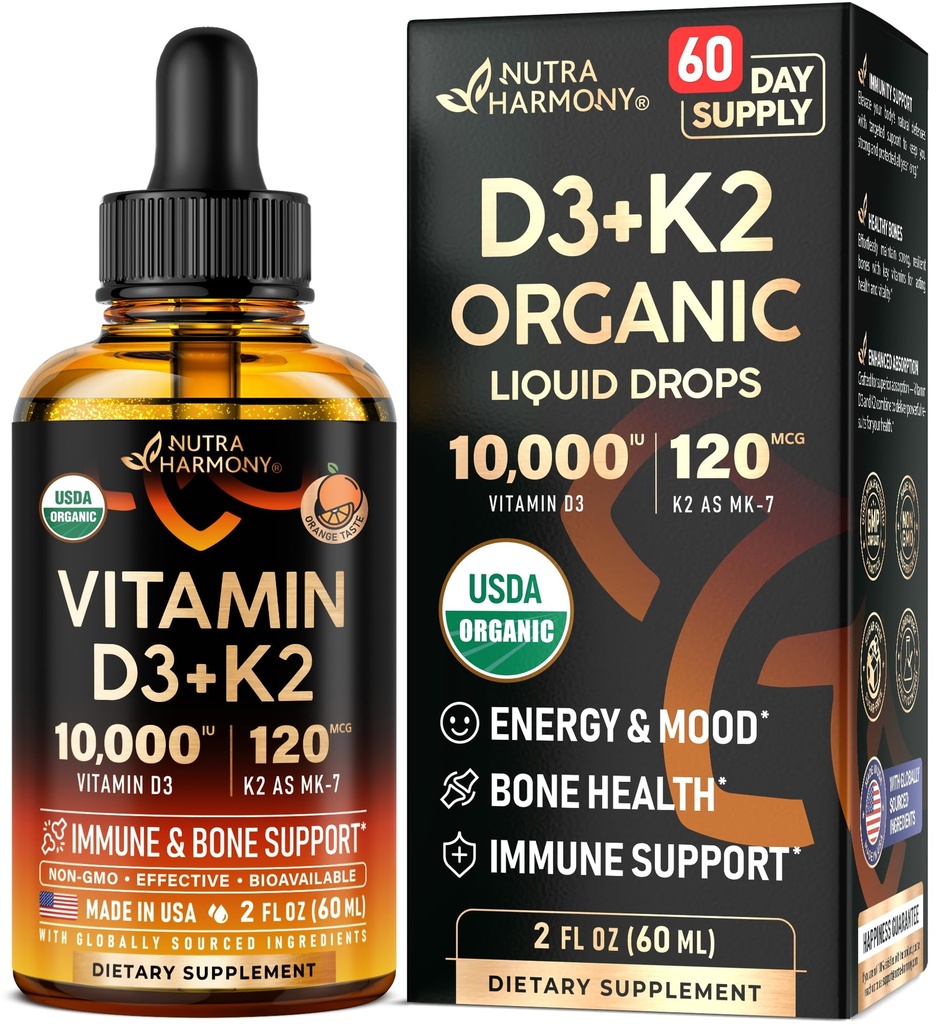Vitamin D3 K2 USDA Organiske dråper - Vitamin D3 10000 IU & K2 som MK-7 120mcg - Immun & Mood Support, Bein & tenner Helse - Sukkerfri oransjeflavor - Flytende Supplement - laget i USA - 2 FL OZ, 60 dager