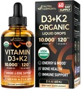 Vitamin D3 K2 USDA Organiske dråper - Vitamin D3 10000 IU & K2 som MK-7 120mcg - Immun & Mood Support, Bein & tenner Helse - Sukkerfri oransjeflavor - Flytende Supplement - laget i USA - 2 FL OZ, 60 dager