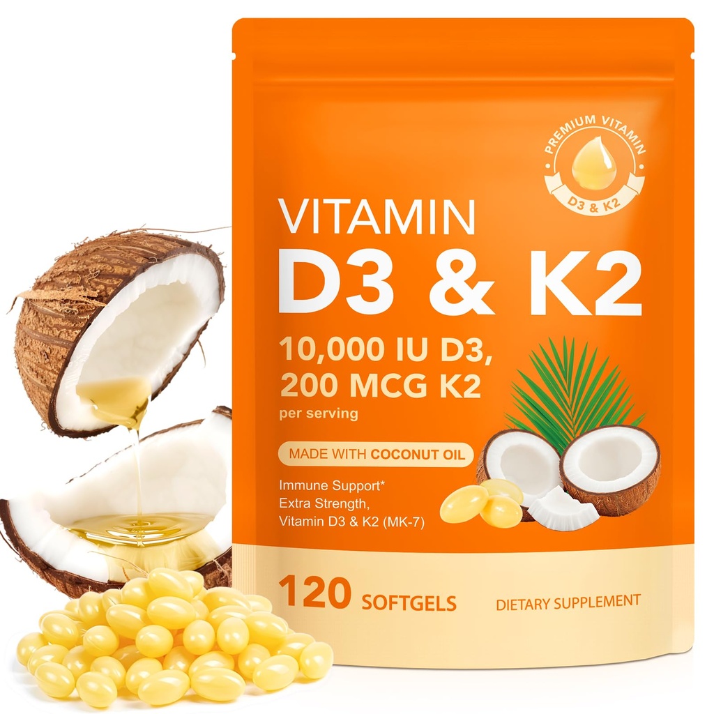 Vitamin D3 K2 med kokosolje - Vegansk vitamin D3 & Mk7 Vitamin K2for Bone & Immune Support - Ikke-GMO, Soya Gratis - 120 Softgels