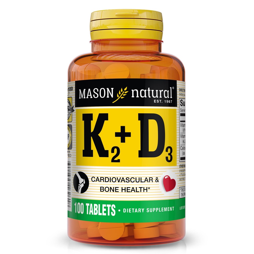 MASON NATURAL vitamin K2 + D3, 100, dagsforsyning, med kalsium for normal bein og muskel støtte, tabletter