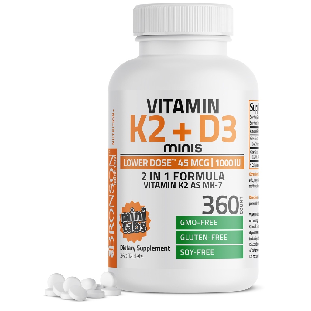 Bronson vitamin K2 (MK7) med D3 lavere dose 45mcg vitamin K2 & 1000 IU vitamin D3 lett å svelge daglig vedlikehold 2 i 1 formel ikke-GMO, 360 Mini tabletter