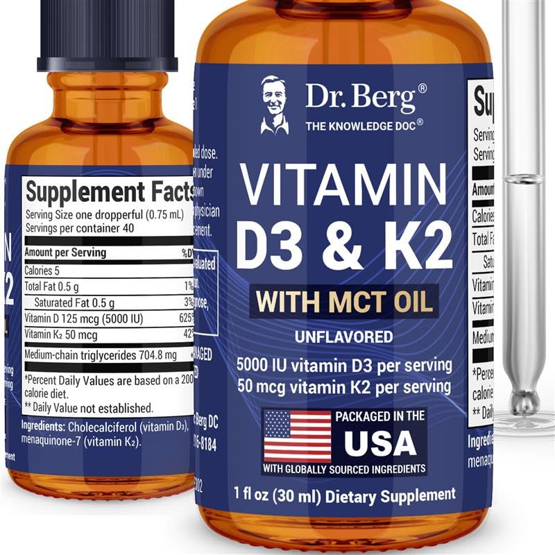 Dr. Berg Maks styrke vitamin D3 K2 flytende dråper med MCT olje – 5000 IU flytende vitamin D3 med K2 – støtter sterke bein, hjerte, energi, immunitet, og total vitalitet * - Unflavored 1 Fl Oz