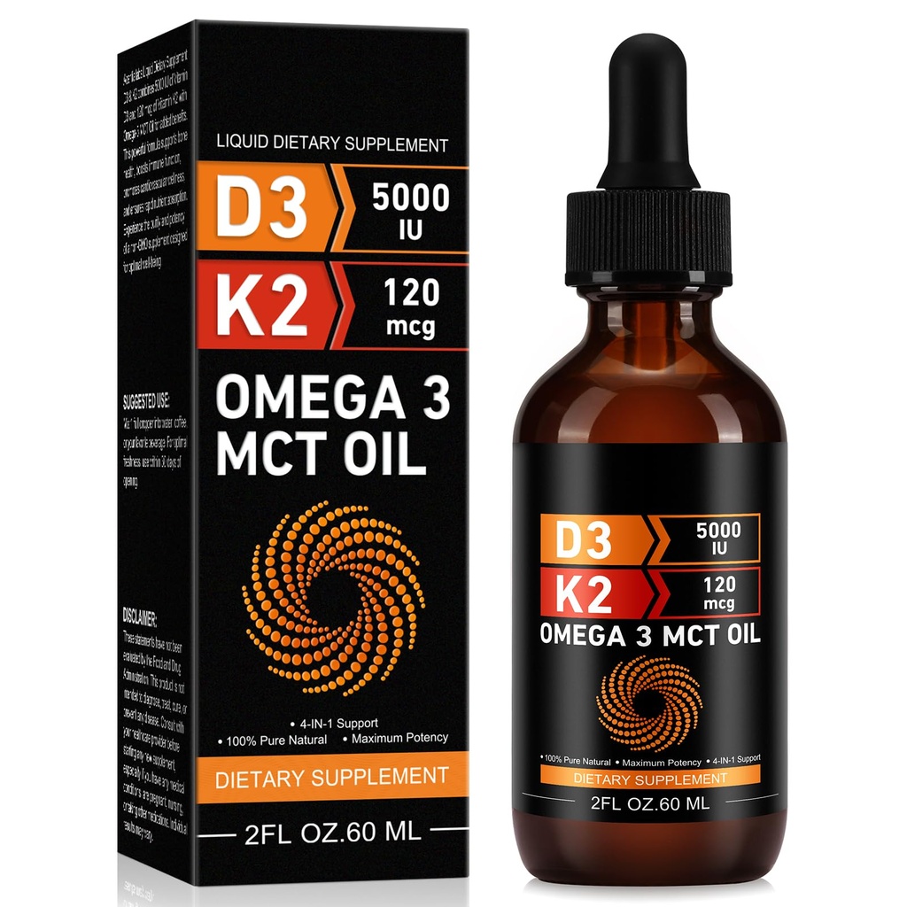 Daiasns Vitamin D3 5000 IU & K2 (MK-7) 120 mikrog 60 ml Drops med MCT olje Omega 3, flytende vitamin D3 & K2 kosttilskudd - 2 måneders forsyning - støtte bein, tenner, mood og immunsystem, kalsiumabsorpsjon