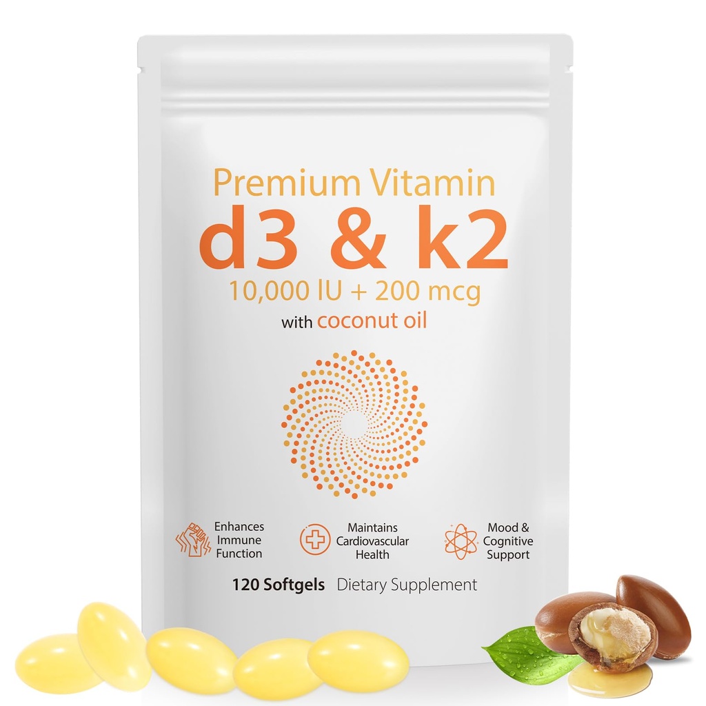Daiasns Vitamin D3 K20000iu støtter muskel- og hjernehelse - høy potens D3 K2 Supplement hjelper i immun- og kardiovaskulær støtte - 120 Softgels