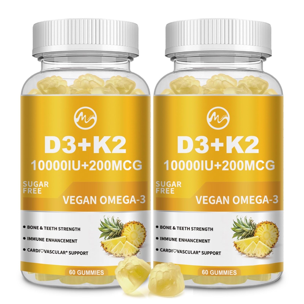 M tommer vitamin D3 K2 Gummies, vitamin D3 10000 IU, K2 (MK-7) 200mcg, 6-i-1 vitamina D3 con K2 Supplement med Omega-3 for kvinner og menn - Bein, tenner og immunstøtte, sukkerfri, 2 pakke