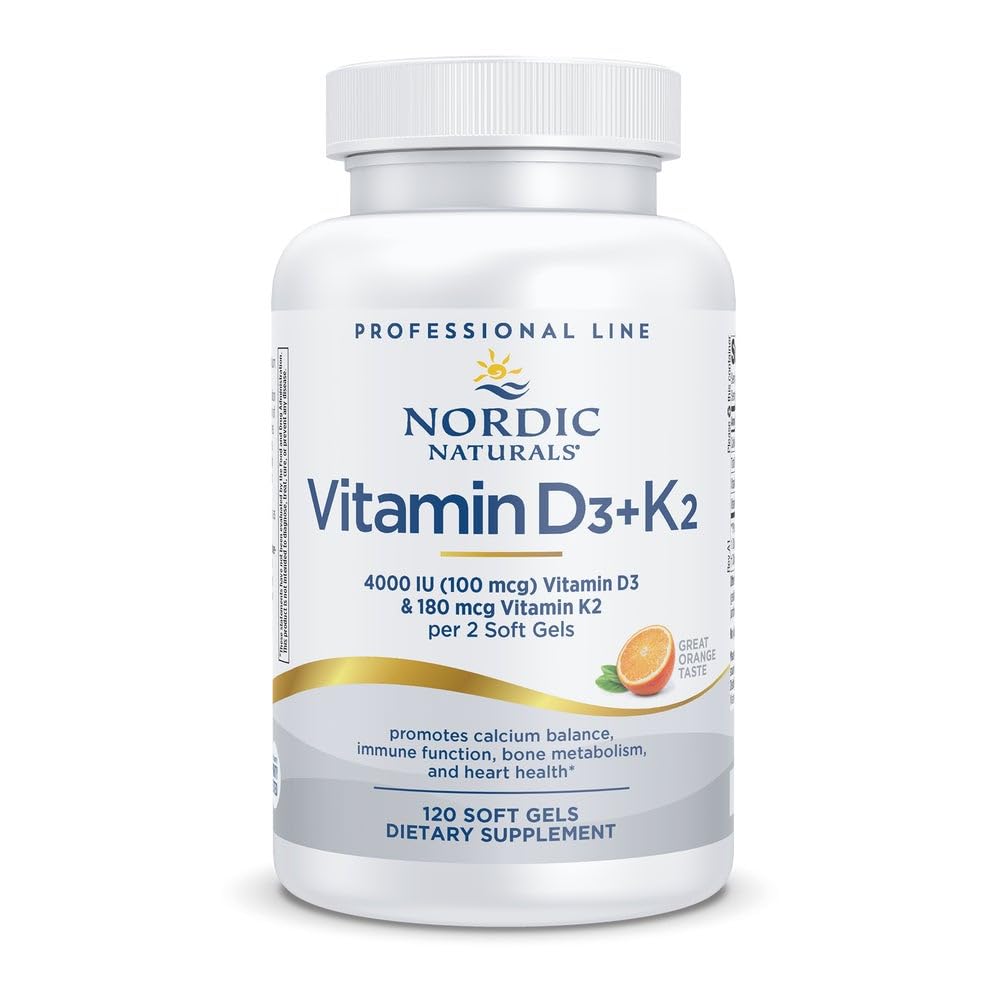 Nordic Naturals Profesjonell Grade vitamin D3+K2 Supplement, Orange Flavor - 60 Soft Gels - 4000 IU Vitamin D3 & 180 mcg K2- fremmer kalsiumbalanse og immunfunksjon - ikke-GMO - 30 Serveringer