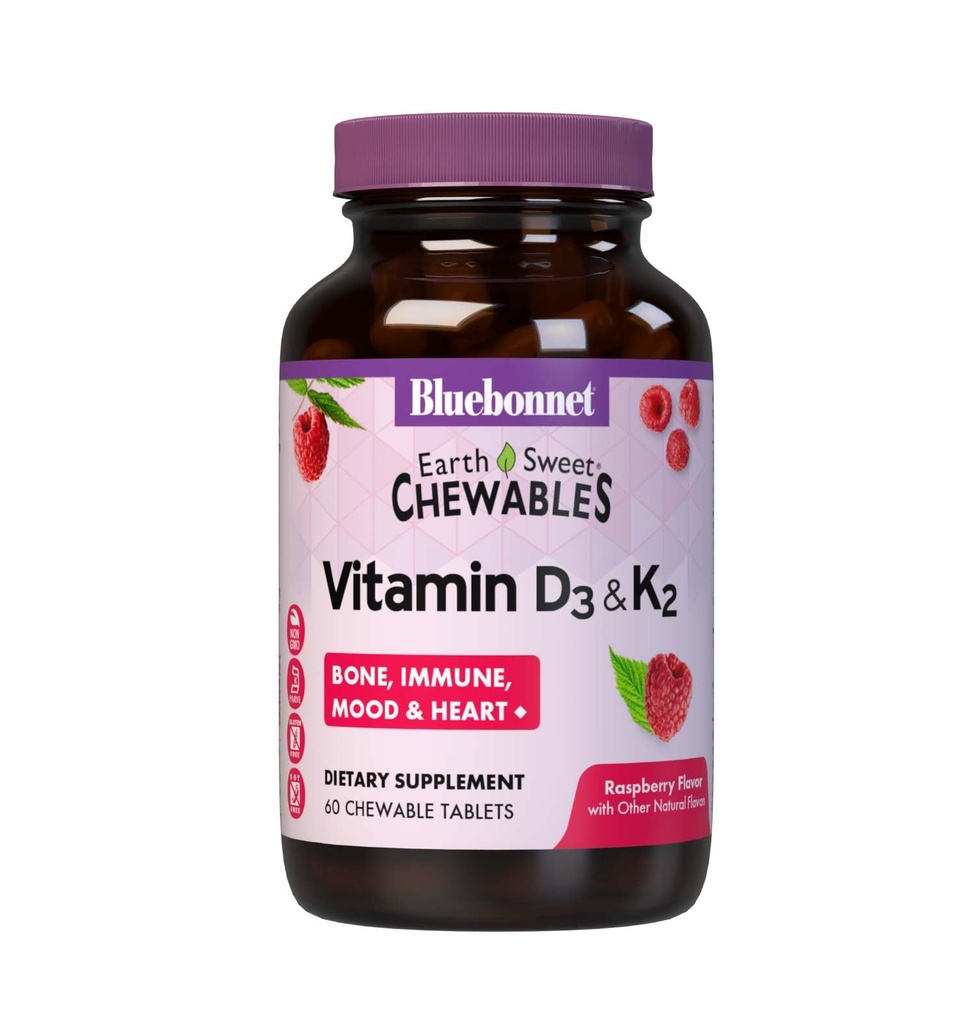 Blåbonnet ernæring vitamin D3 & K2 EarthSweet Chewable tabletter, for immune, Mood & hjerte helse*, Soya-fri, Glutenfri, Ikke-GMO, Kosher Dairy, 60 bringebær Flavor Chewable tabletter, 60 serveringer