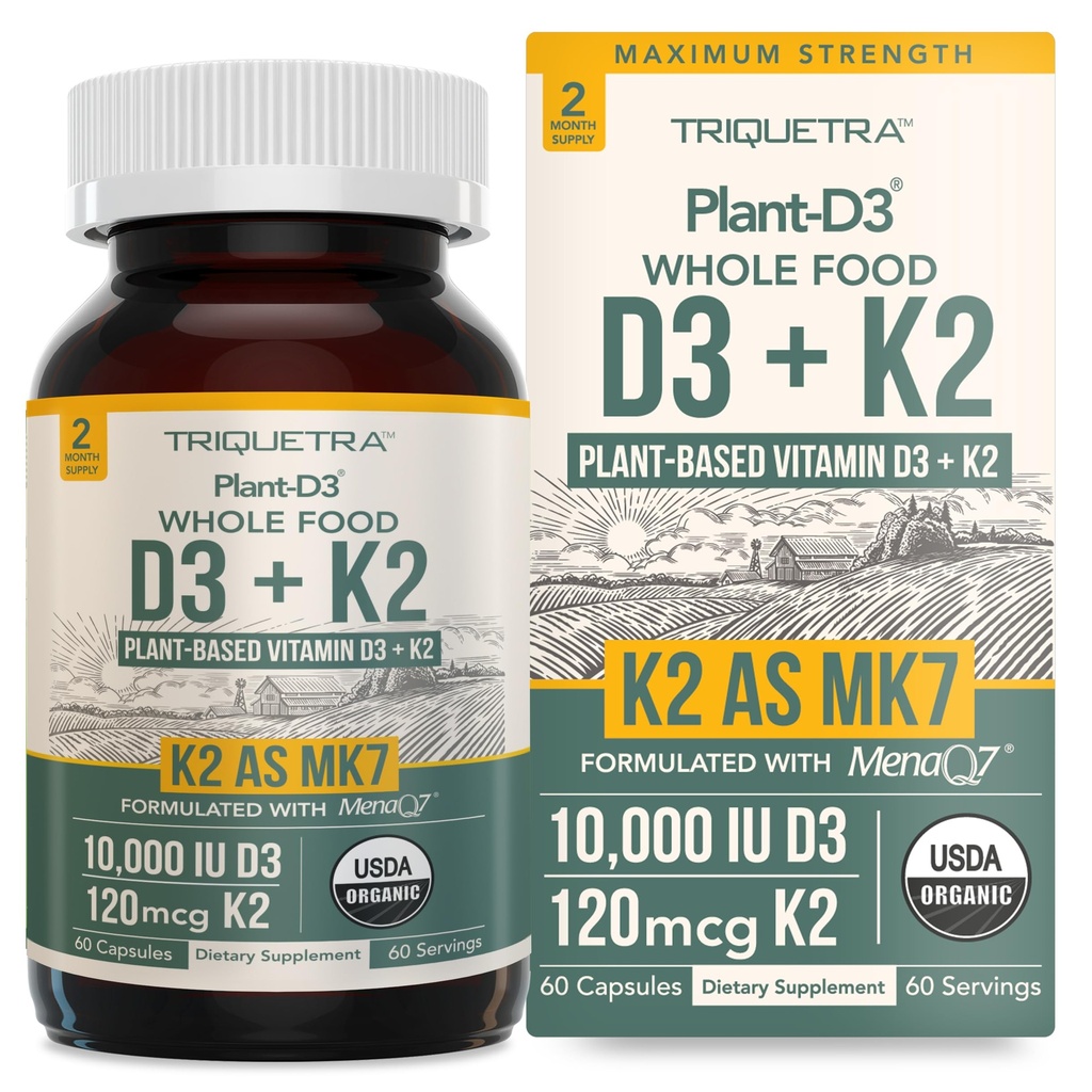 Organic Plant D3 + K2 | 10000 IU D3 + 120mg K2 som all-Trans MK7 fra MenaQ7® - 100% helmat, rå og vegansk | Forbedret dialyse med prebiotisk og supermatkompleks – D3 fra organisk algae (60 greve)